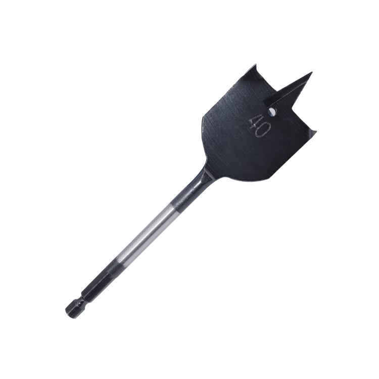 Black Oxided Tri-Point Flat Wood Spade Drill Bit with Contoured Spurs