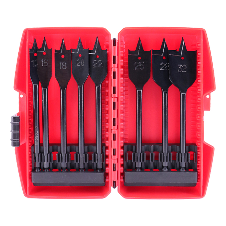 8Pcs Black Oxided Hex Shank Flat Wood Spade Bit Set in Box and Blister