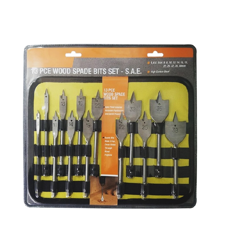 13Pcs Hex Shank Flat Wood Spade Drill Bit Set in Cloth Package and Blister