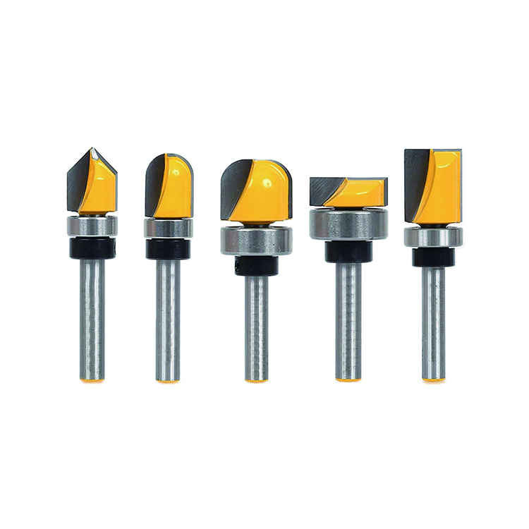 5Pcs 1/4 Inch Shank Tungsten Carbide Flush Trim Wood Router Bit Set with Bearing for Woodworking
