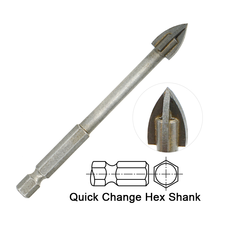 Impact 1/4 Hex Shank Cross Carbide Tip Glass Drill Bit