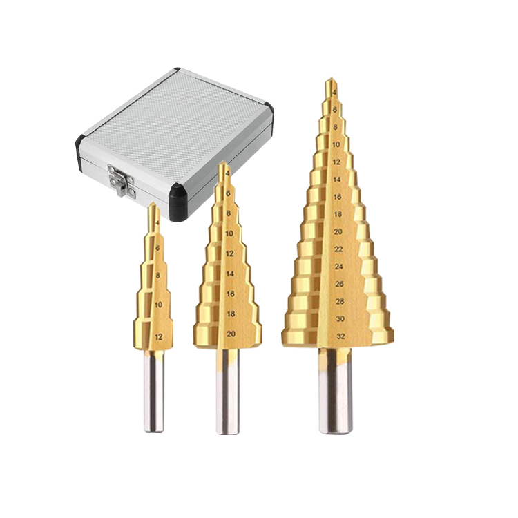 3Pcs Metric 3 Flats Shank Straight Flute Titanium HSS Step Drill Bit Set in Aluminum Case