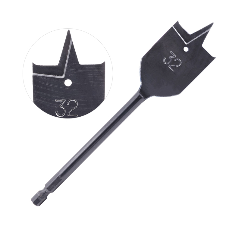 Black Oxide Hex Shank Tri-Point Flat Wood Spade Drill Bit with Cutting Groove