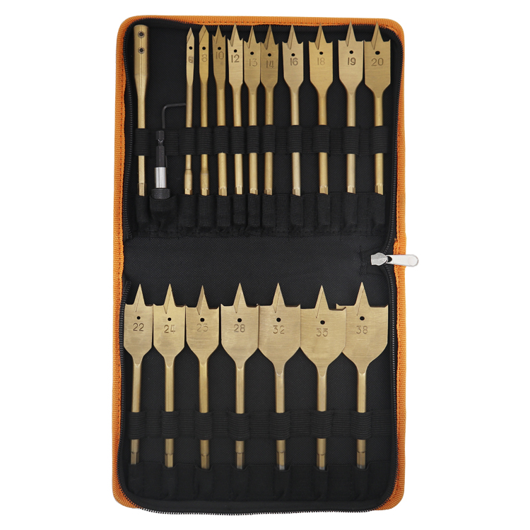 20Pcs Titanium Coating Hex Shank Tri-Point Flat Wood Spade Drill Bit Set in Canvas Bag