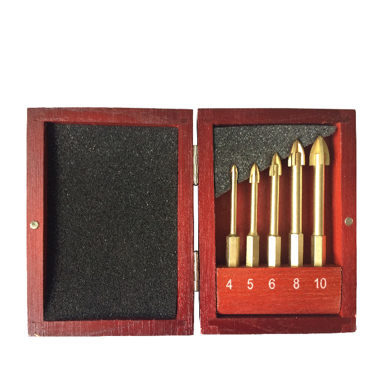 5 Pcs Titanium Coated Hex Shank Cross Carbide Tip Glass and Tile Drill Bit Set